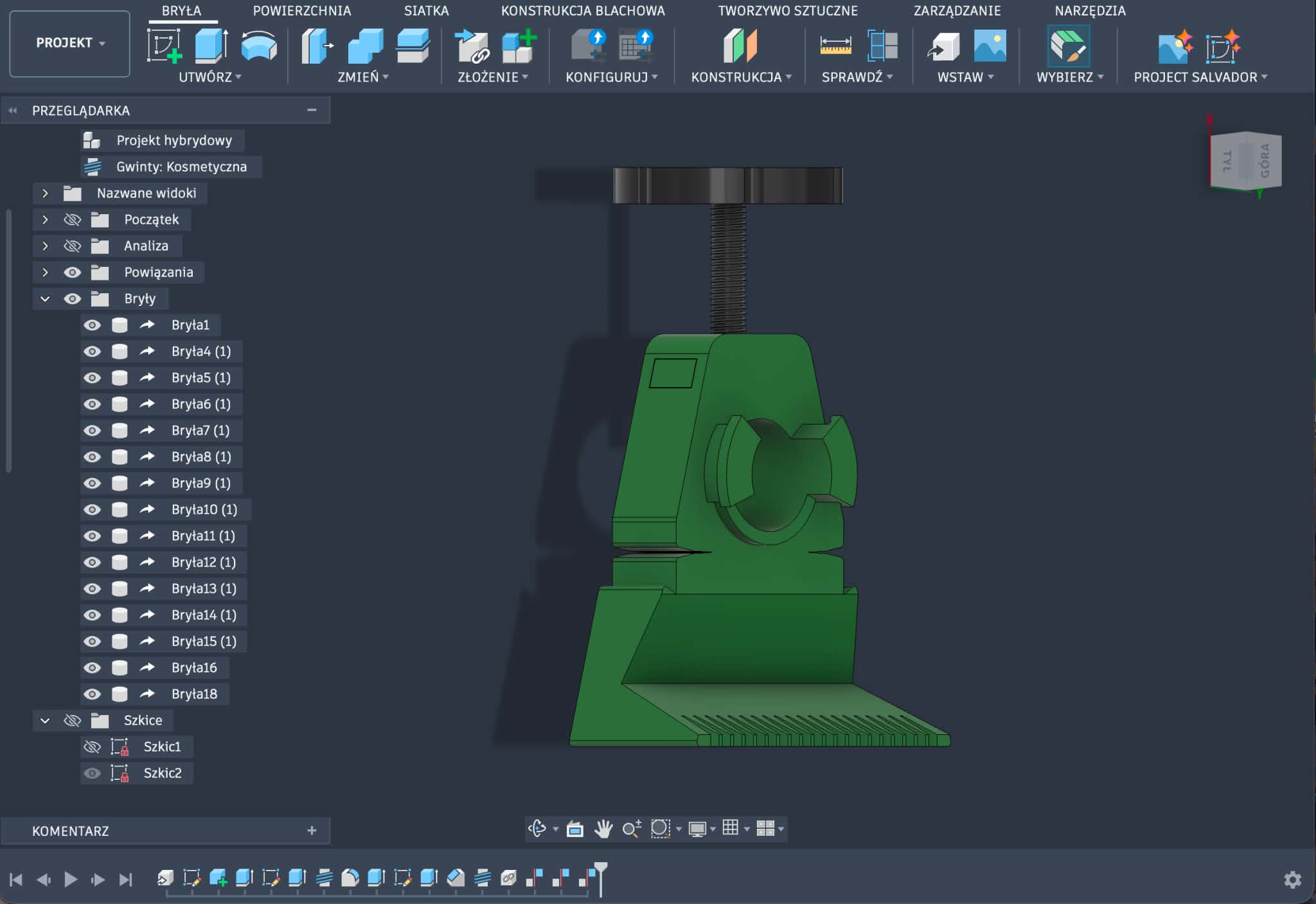 CAD application screenshot showing the green SI 3D PROJECT line holder model