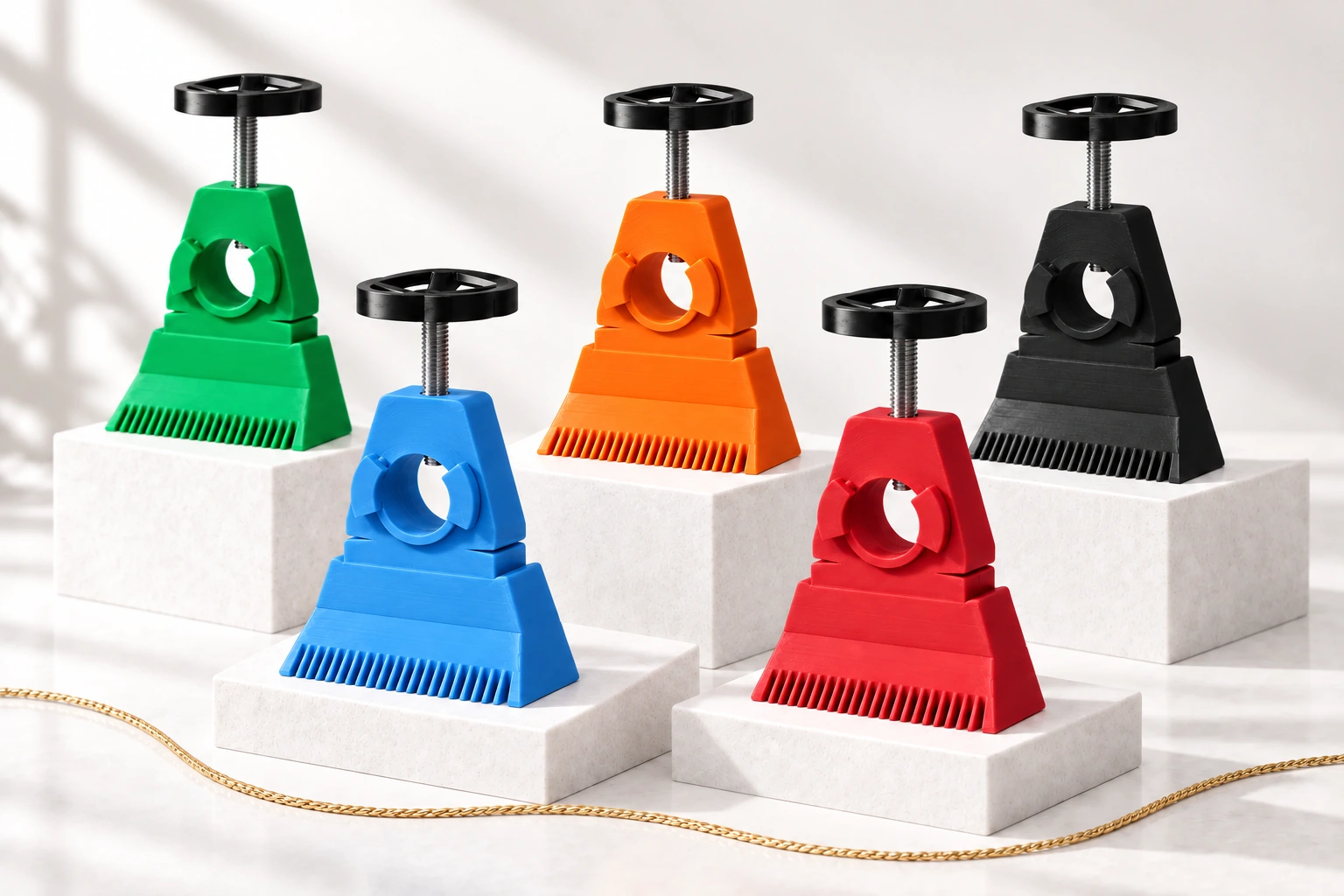 Schnurhalter in Grün, Blau, Rot, Schwarz und Orange auf hellen Podesten mit goldener Schnur