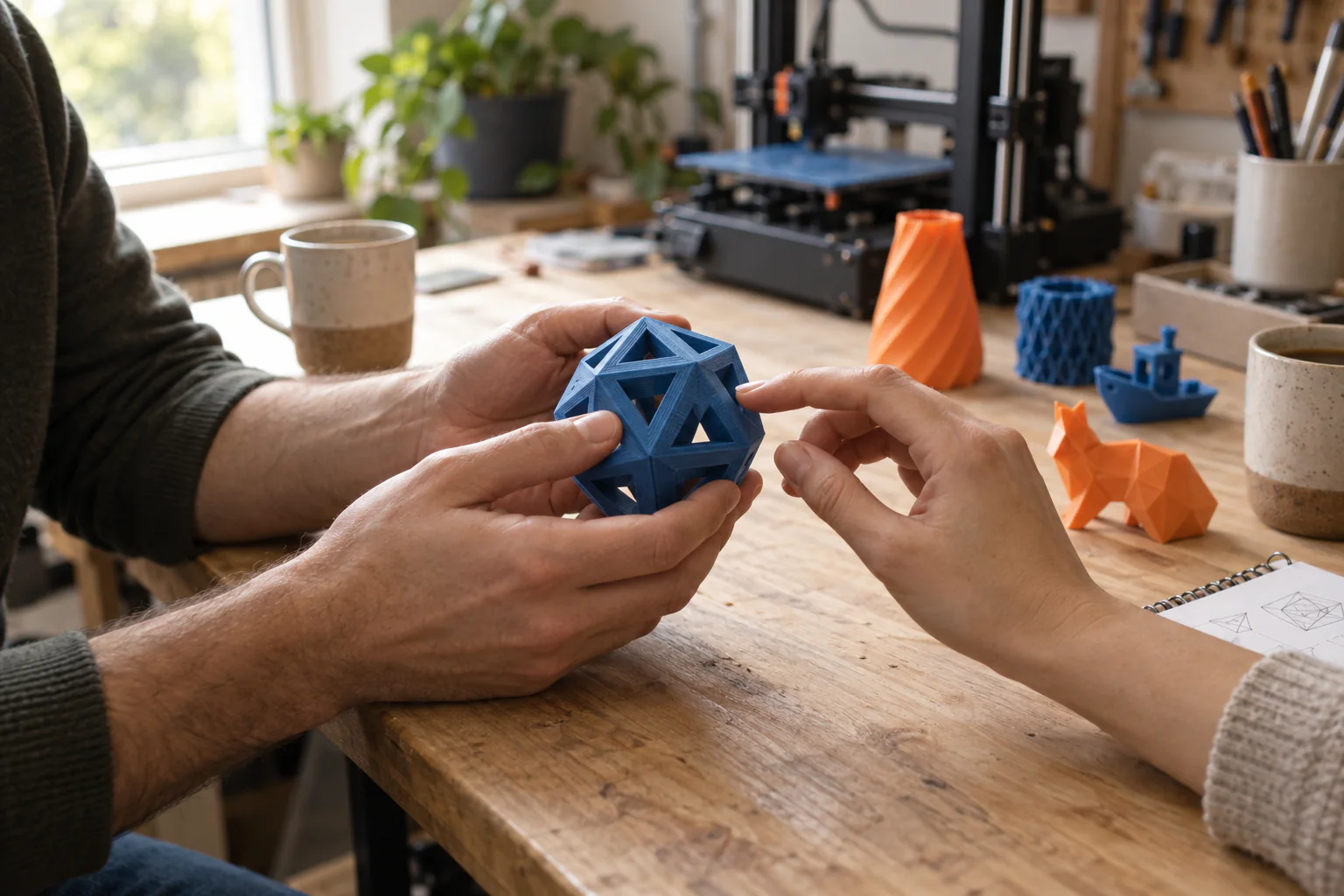 Two people exploring a blue 3D-printed object at a sunlit workbench, with colourful prototypes, two coffee cups and a printer behind them